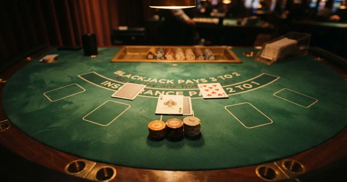 Valaistu pelipöytä ja pelikortit ylhäältä kuvattuna — casino ventti