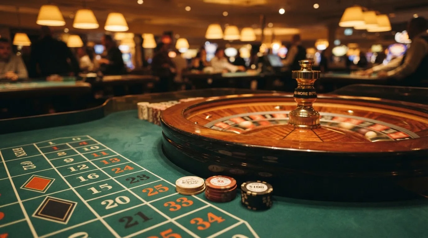 Rulettipyörä ja pelimerkit vihreällä huovalla lämpimässä iltavalossa — casino ventti