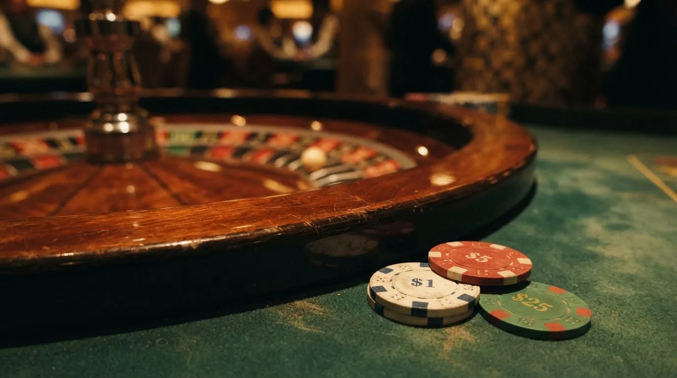 Rulettipyörä ja pelimerkit vihreällä huovalla lämpimässä iltavalossa — kolikkopelit casino pelit