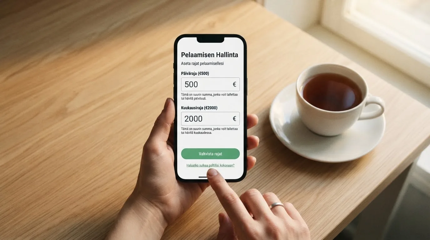 Käsi pitää puhelinta teekupin vieressä keittiön pöydän ääressä rauhallisena iltana — luotettava nettikasino kokemuksia