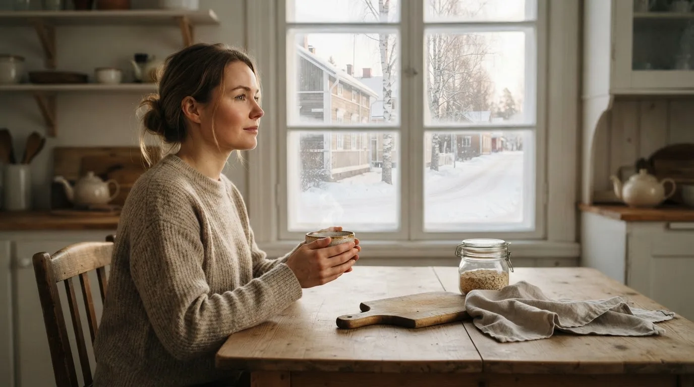 Henkilö istuu keittiön pöydän ääressä teekupin kanssa katsoen ulos ikkunasta rauhallisesti.