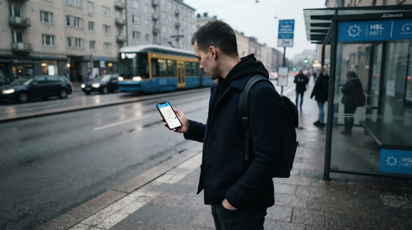 Nuori mies selaa älypuhelinta bussipysäkillä odottaessaan iltapäivällä, taustalla sumuinen katunäkymä.