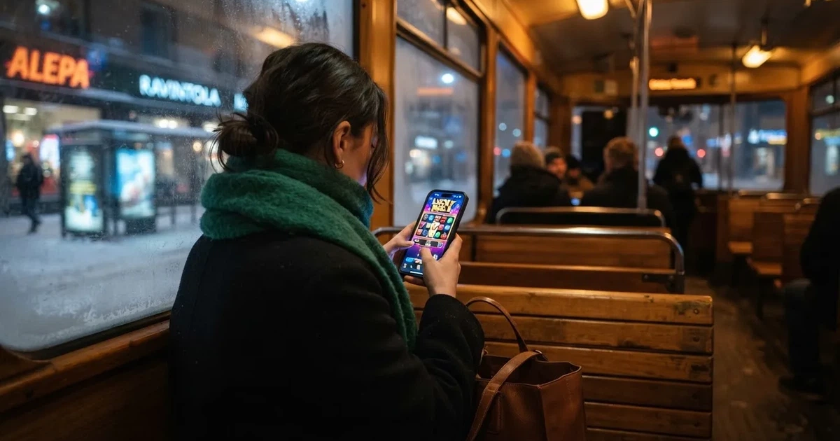 Puhelin kädessä Helsingin raitiovaunussa talvi-iltana — mobiilikasino puhelimessa