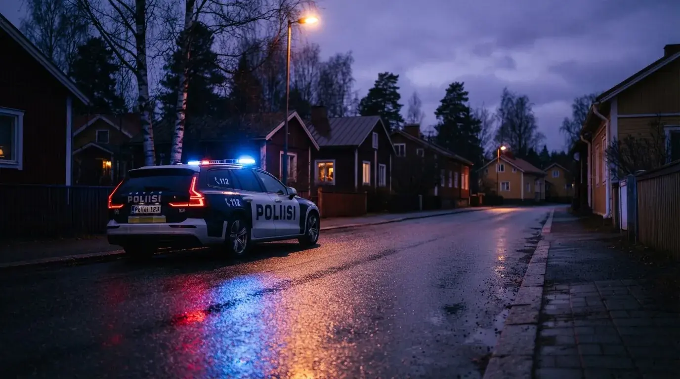 Poliisiauto pysäköitynä kadulle iltahämärässä, valot heijastuvat kostealta katupinnalta hiljaisella asuinalueella illalla.