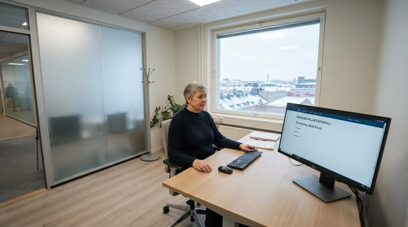 Virkailija istuu vaaleassa virastohuoneessa tietokoneen ääressä, ikkunasta näkyy talvinen kaupunkimaisema.