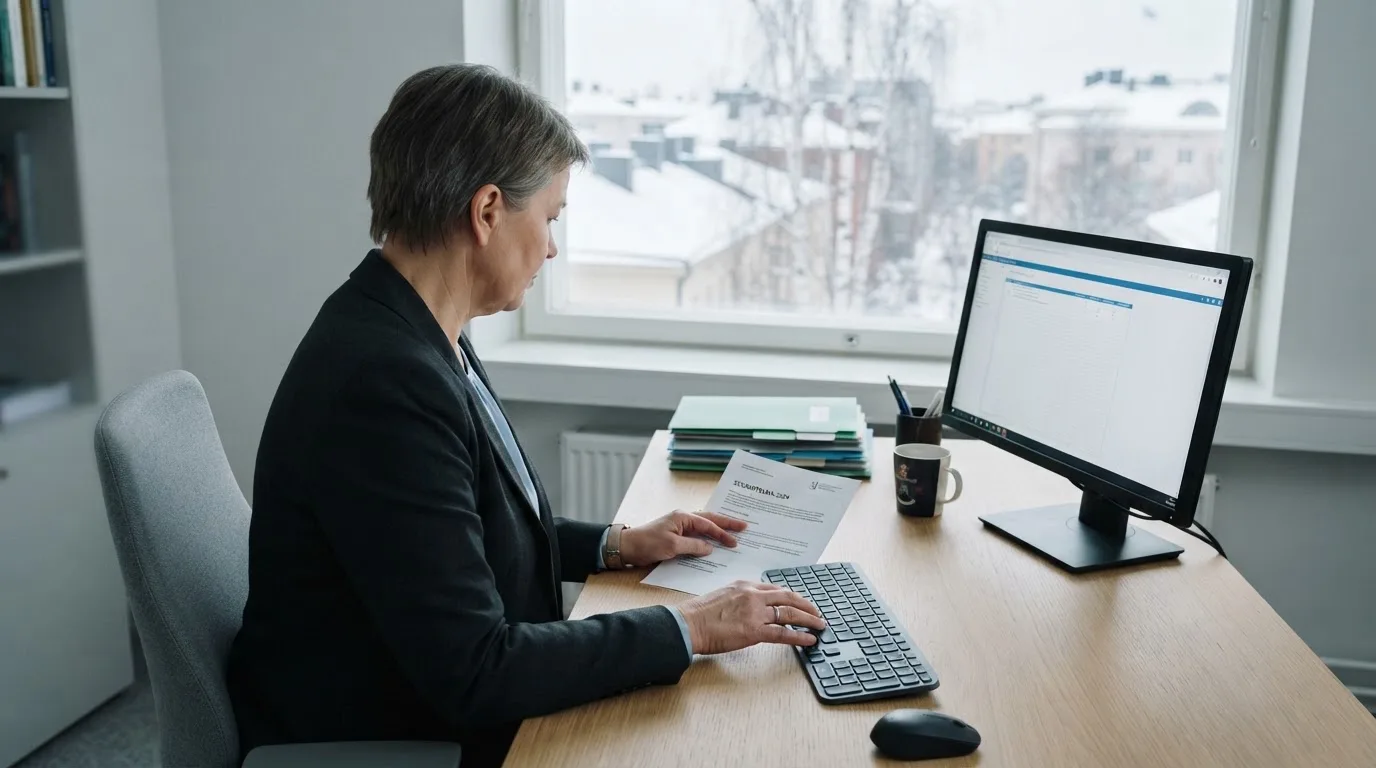 Virkailija istuu vaaleassa virastohuoneessa tietokoneen ääressä, ikkunasta näkyy talvinen kaupunkimaisema.